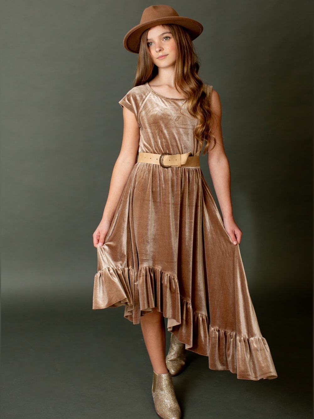 Joyfolie ALEENA Taupe Velvet High-Low Ruffle Dress in taupe with belt